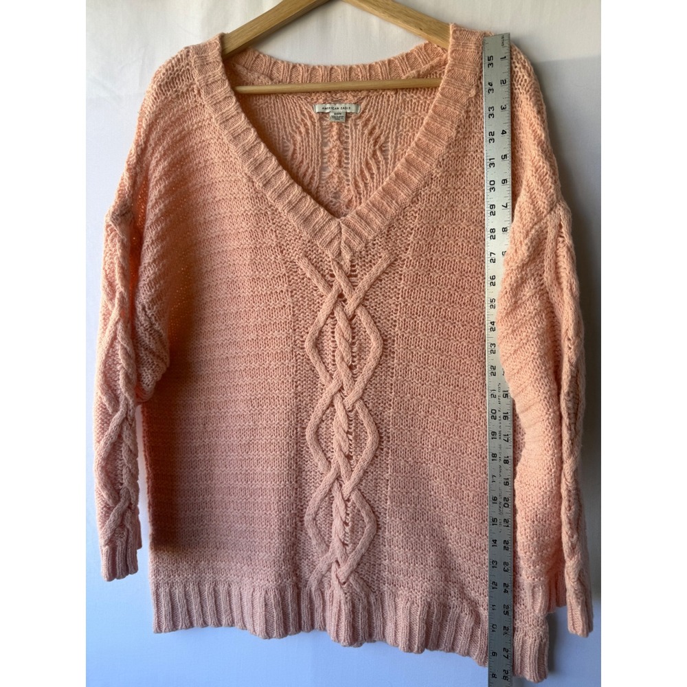 American Eagle Peach Cable Knit V-Neck Wool Blend Sweater Medium Oversized - Picture 7 of 8